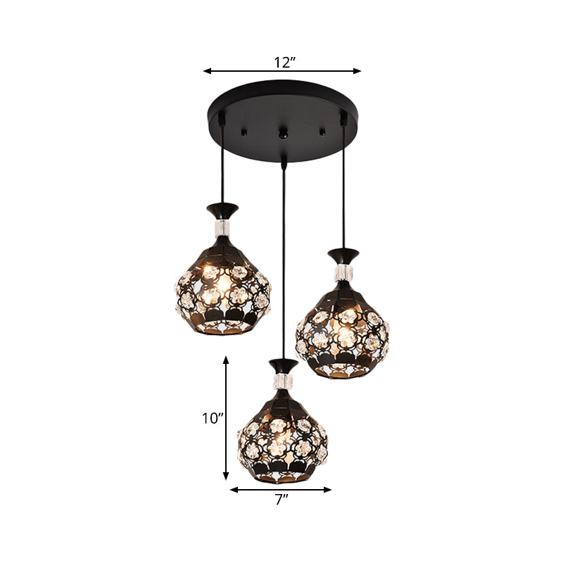 Black Hollow Out Floret Modernismo múltiple 3 luces Lámpara de suspensión incrustada de cristal
