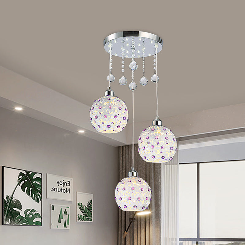 Sphere Multi-colgante Iron Modern 3 luces Techo de acabado blanco Colque de techo con decoración de cuentas de cristal púrpura