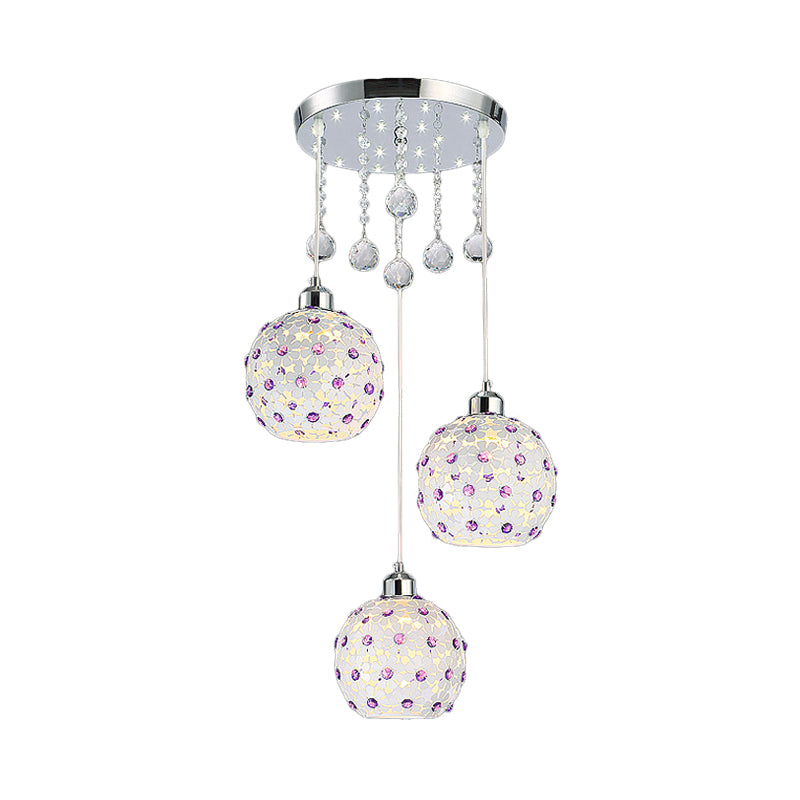 Sphere Multi-colgante Iron Modern 3 luces Techo de acabado blanco Colque de techo con decoración de cuentas de cristal púrpura