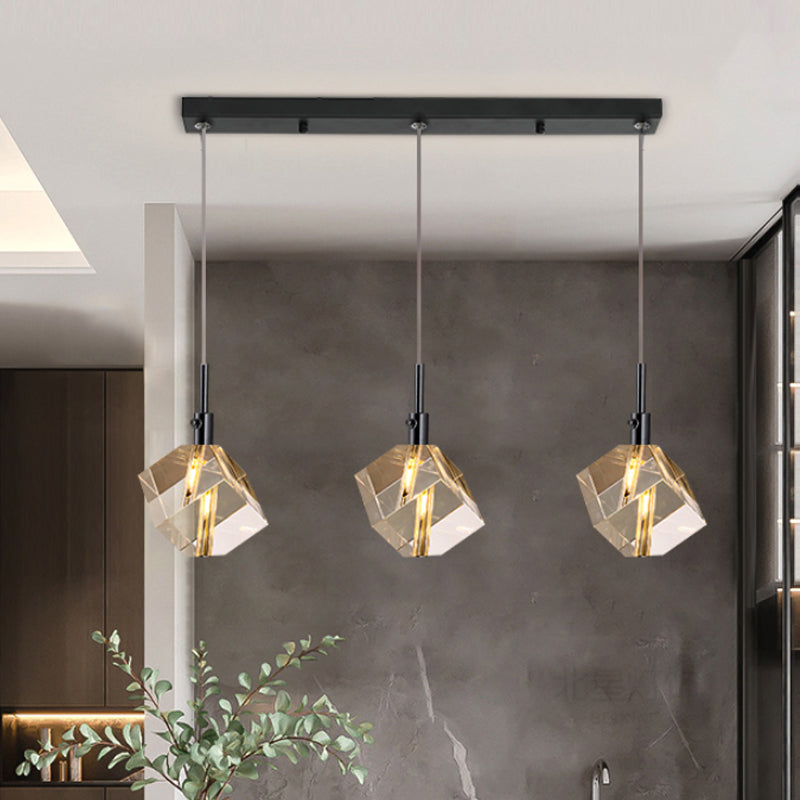 Schwarzes Finish-Würfel Anhänger Licht Einfaches 3-Licht-Kristallglas Mehrfachhanglampe