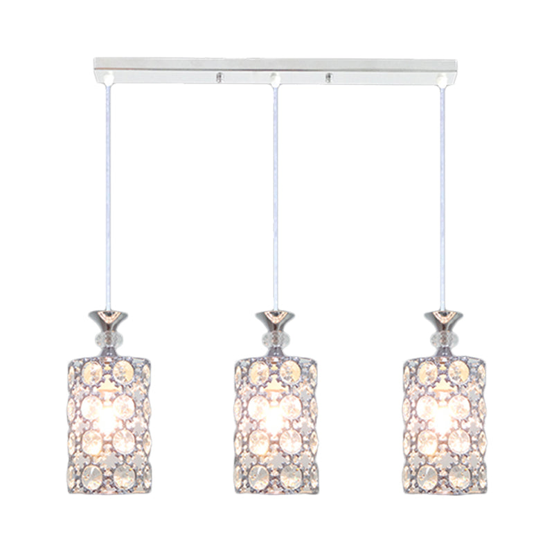 3 Lights Restaurant Hanging Deckenlampe Moderner Silber Cluster Anhänger mit Zylinderkristall, schrubten Schatten