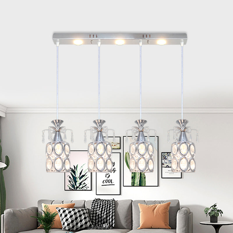 Zilveren afwerking cilindrische clusterlicht hanger modernisme 4 lampen kristallen blok suspensielamp