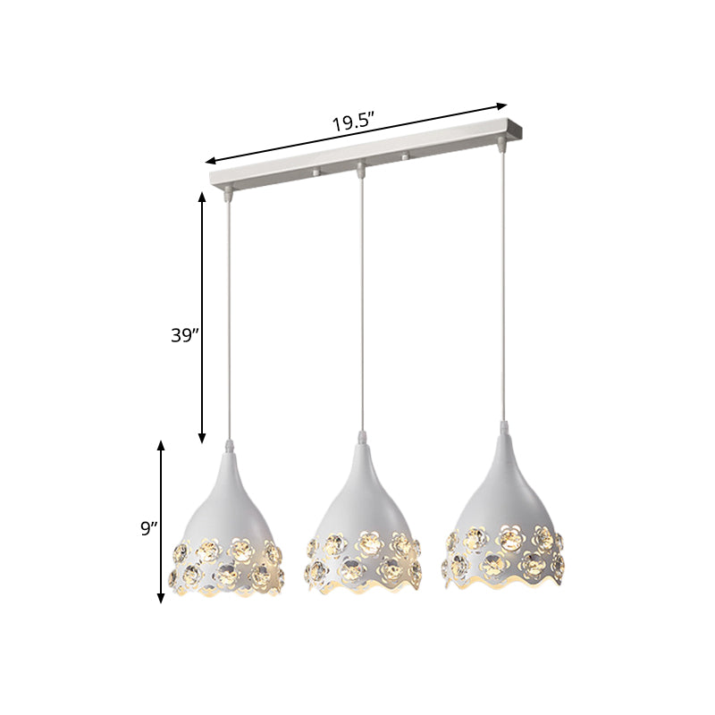 Metall -Tränen -Drop -Multi -Licht -Anhänger moderne 3 Leuchten Deckenhängung Lampe in Weiß mit Blumenkristall -Deco -Kante