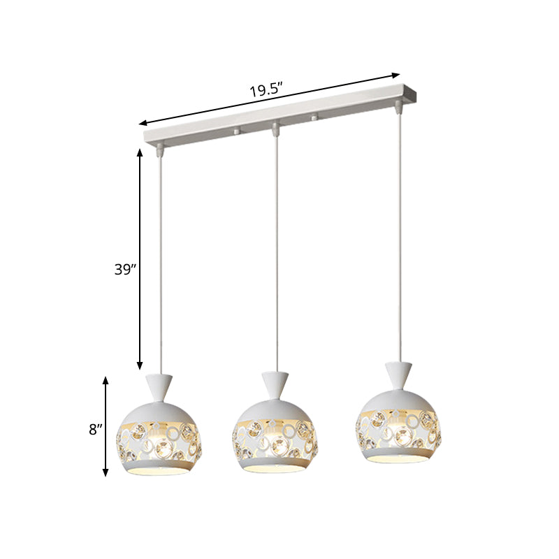 Crystal Embedded Domed Pendant Lamp Modernism 3 Heads White Finish Multi Ceiling Light