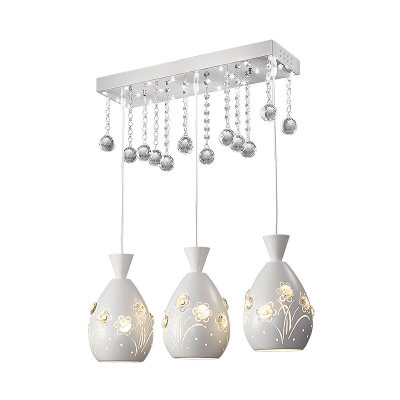 Hollow-Out Floret Iron Multi Light Ceiling Lamp Modern 3-Light White Hanging Pendant with Crystal Droplet