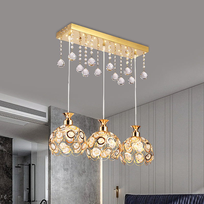 Gold Finish-Kuppelleiter-Anhänger moderner 3-Kopf-Kristall eingebetteter Hanglampe Kit