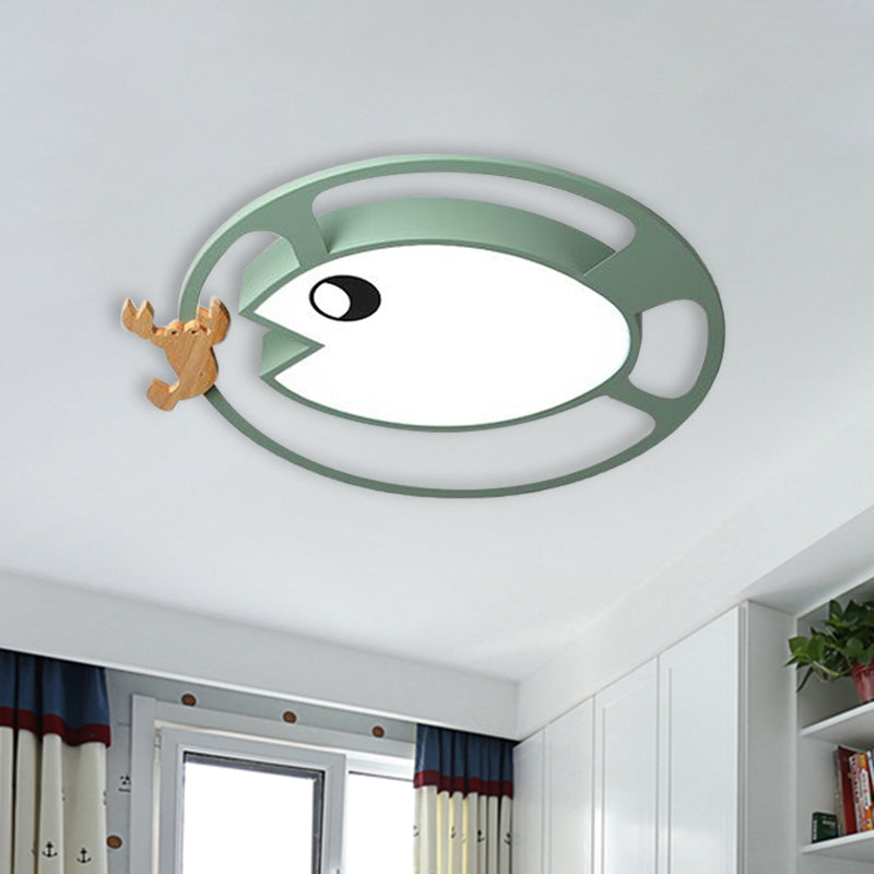 Circular Acrylic Ceiling Light Kids Grey/White/Green LED Flush Mount Lamp with Wood Shrimp Decor for Nursery