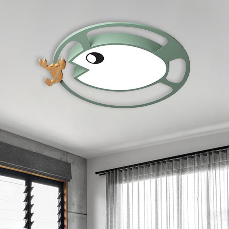 Circular Acrylic Ceiling Light Kids Grey/White/Green LED Flush Mount Lamp with Wood Shrimp Decor for Nursery