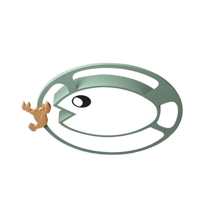 Circular Acrylic Ceiling Light Kids Grey/White/Green LED Flush Mount Lamp with Wood Shrimp Decor for Nursery
