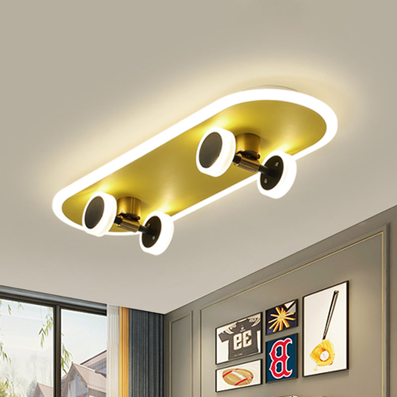Acrylic Skateboard Ceiling Flush Kids LED Gold Flush Mount Light Fixture for Boys Bedroom