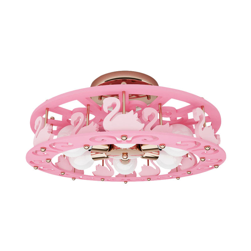 Metal Drum Semi Mount Lighting Kids 6 Lights Pink Flush Light Fixture with Bird/Angel Decoration