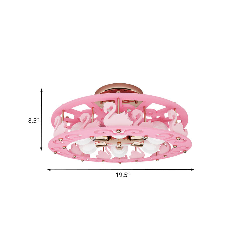 Metal Drum Semi Mount Lighting Kids 6 Lights Pink Flush Light Fixture with Bird/Angel Decoration