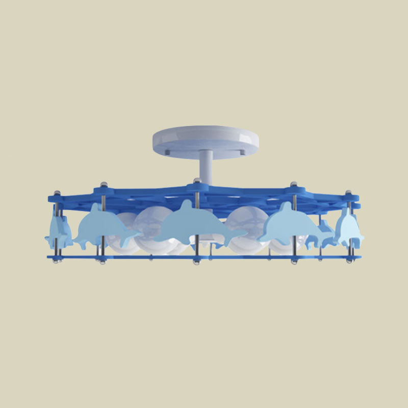 Dolphin Kindergarten Ceiling Light Metal 6 Bulbs Cartoon Semi Flush Mount Lighting in Blue