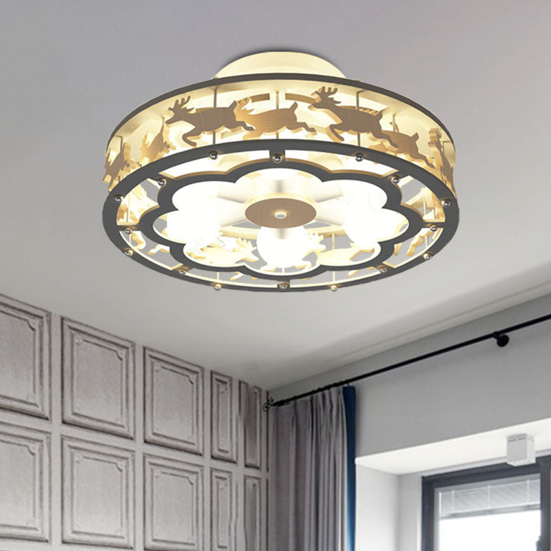 IJzeren trommel plafond verlichtingsarmatuur Noordse 6-bulb grijze semi-spoeling met houten elanden decor