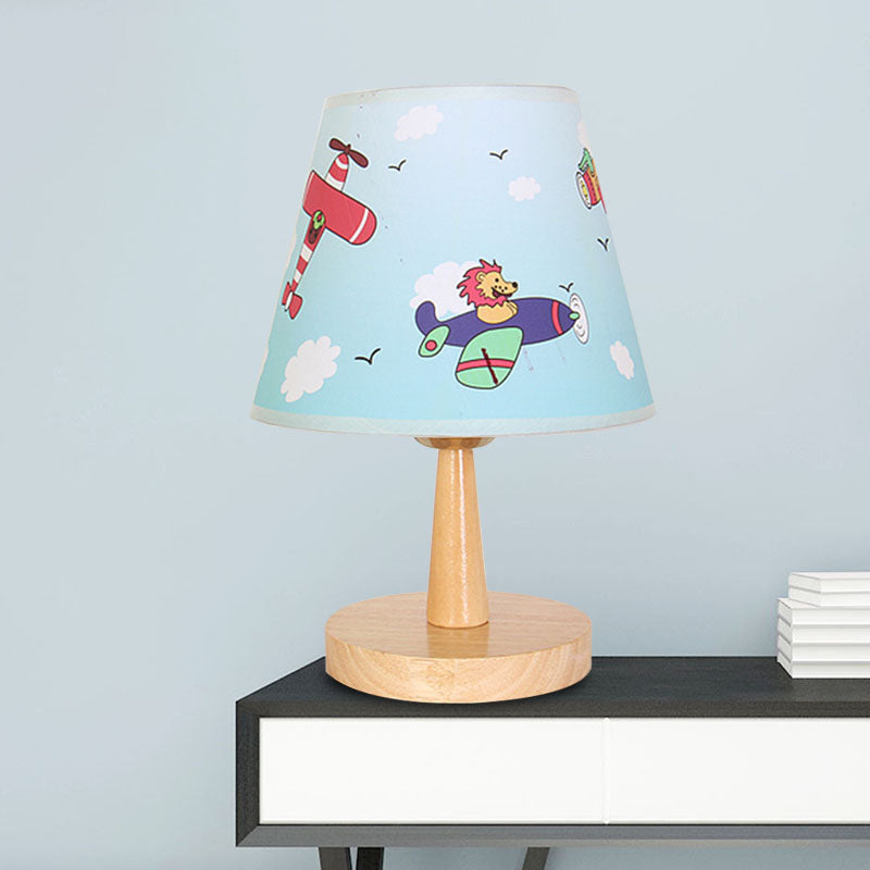 Tessuto da tavolo conico Lampada Cartone animato 1 Testa in legno Luce con aeroplano/Elefante/Orso per la camera da letto