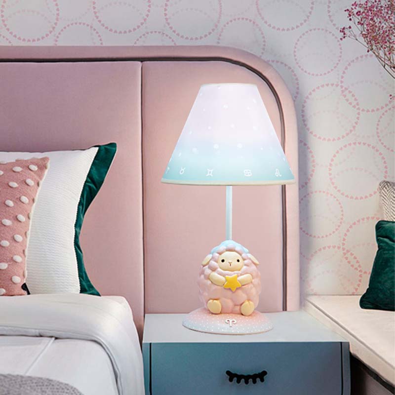 Pink Constellation Night Table Light Cartoon 1 Lámpara de mesita de noche de resina de bulbo con sombra de tela de cono