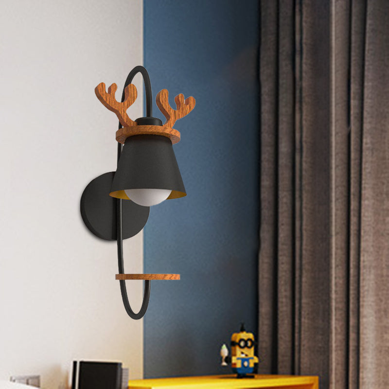 Cone Iron Wall Light Fixture Nordic 1-Bulb Black Wall Mounted Lamp with Wood Antler Design