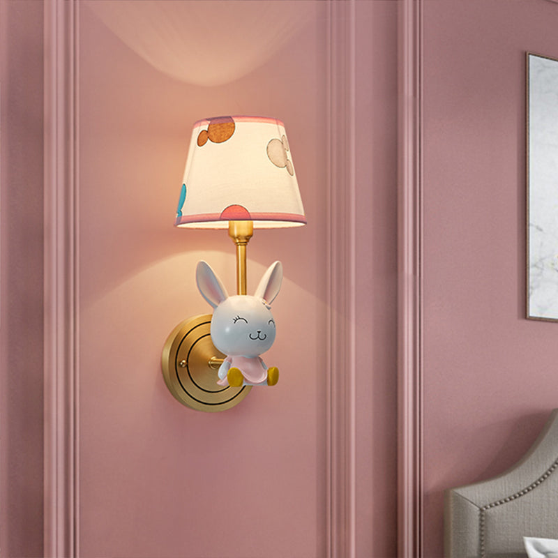 Rabbit Resin Wall Mount Light Cartoon 1 Bulb Gold Wall Lighting Fixture with Barrel Fabric Shade
