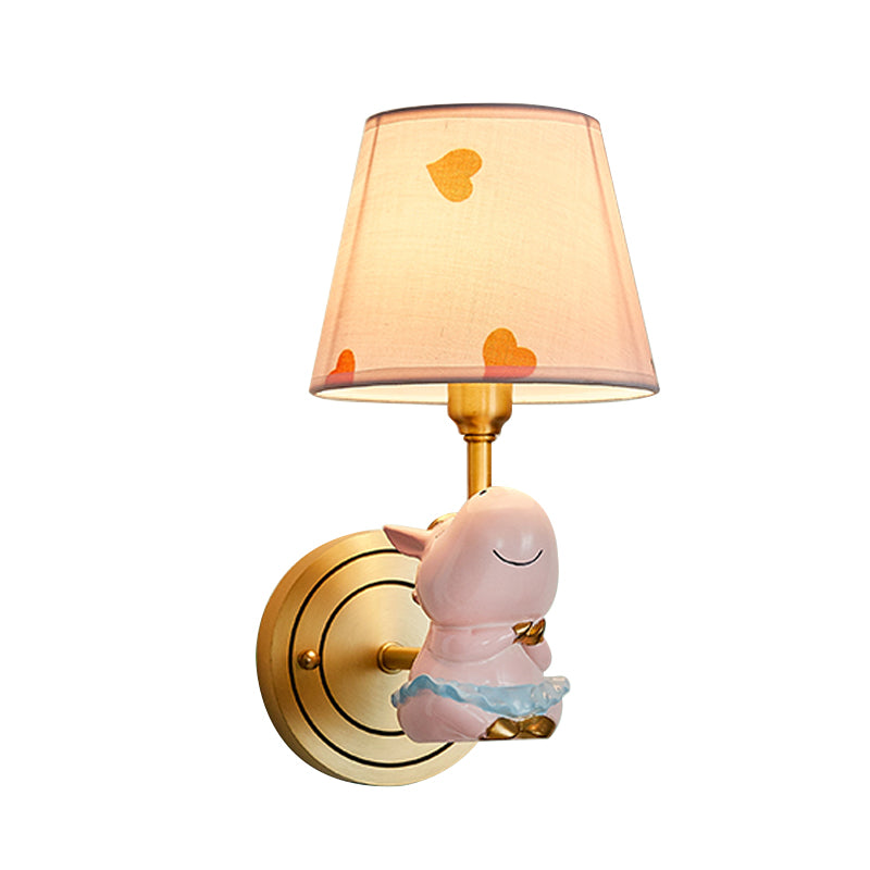 Resin Horse Sconce Light Cartoon 1-Head Gold Wall Lighting Fixture with Bucket Fabric Shade