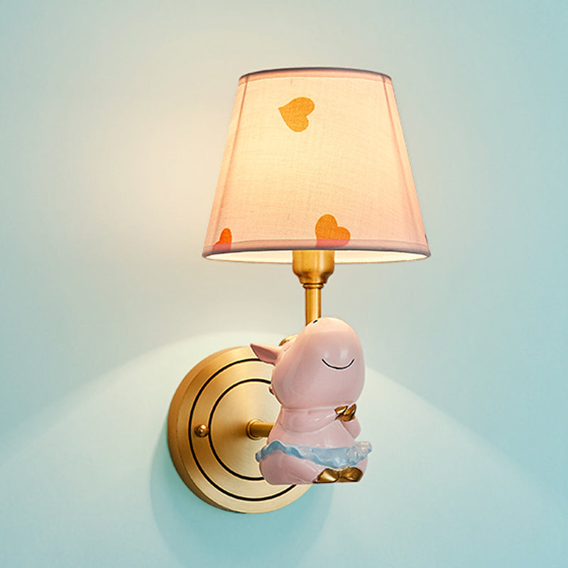 Resin Horse Sconce Light Cartoon 1-Head Gold Wall Lighting Fixture with Bucket Fabric Shade