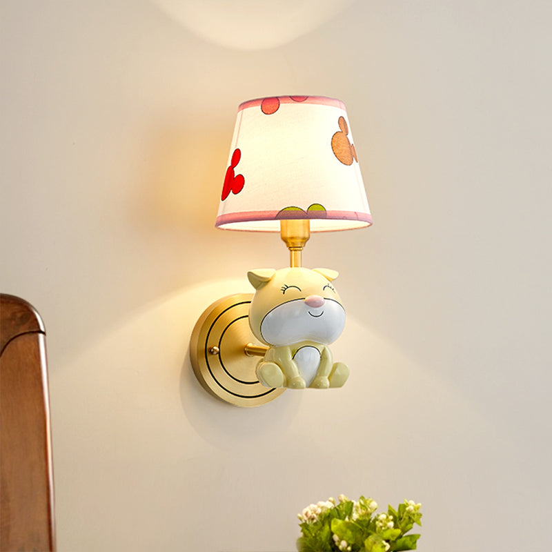 Gold Dog Wall Light Sconce Cartoon 1-Bulb Resin Wall Lamp Fixture with Tapered Fabric Shade