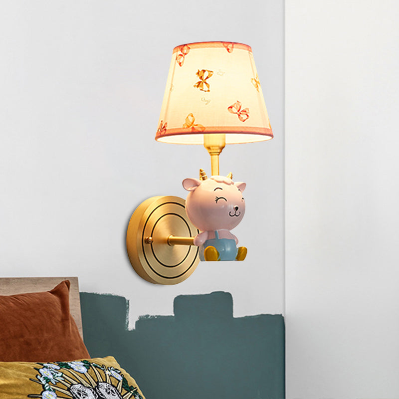 Gold Bucket Wall Sconce Light Cartoon 1 Head Fabric Wall Lamp with Resin Sheep Decoration
