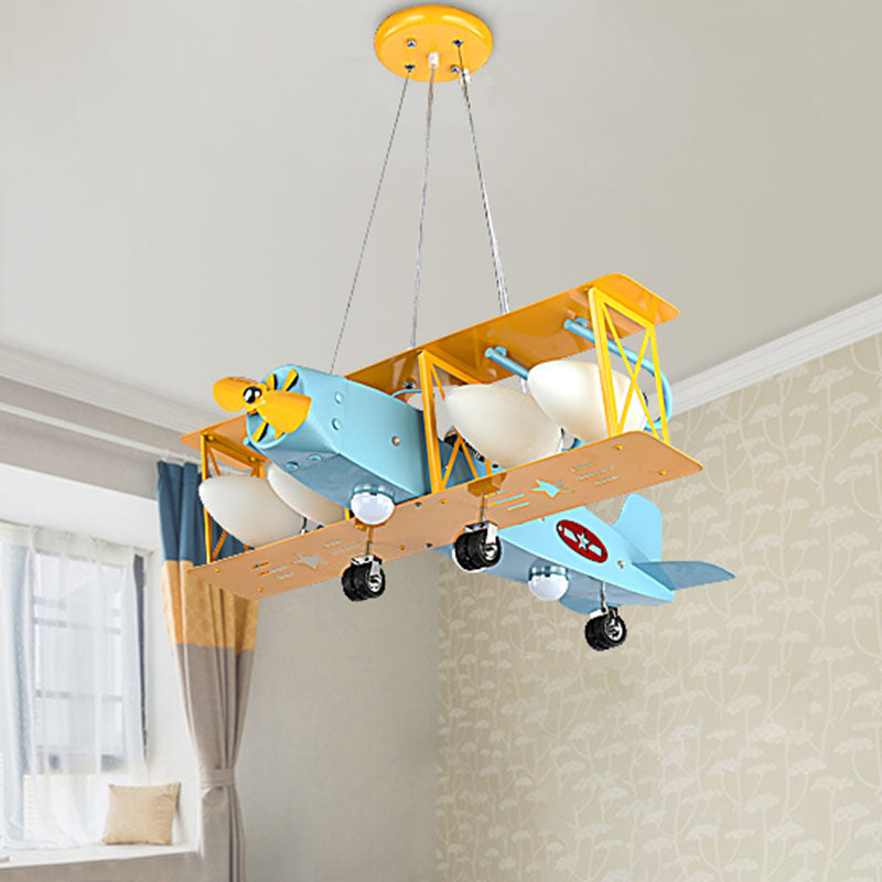 Airplane Metal Chandelier Light Kids 4 Heads Blue Ceiling Lamp with Bullet Milk Glass Shade