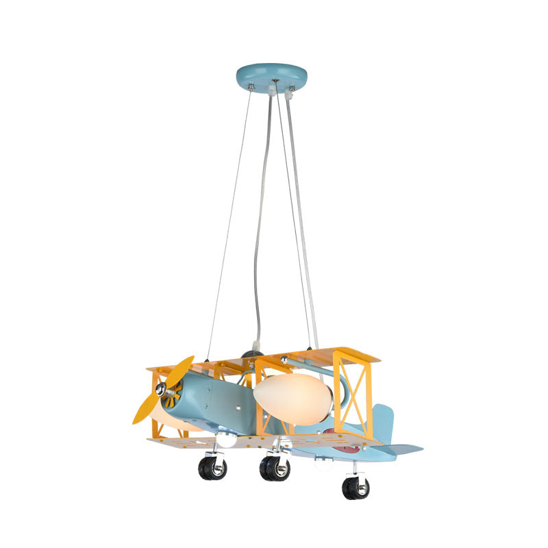 Airplane Metal Chandelier Light Kids 4 Heads Blue Ceiling Lamp with Bullet Milk Glass Shade