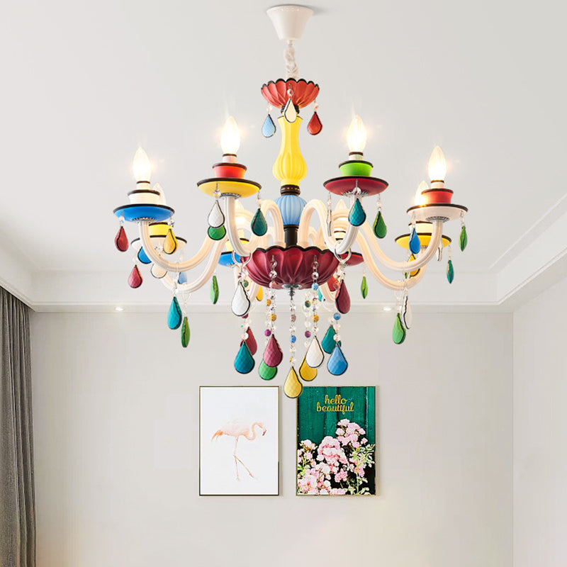 Crystal Candle Pendant Lighting Macaroon 5/6/8 Heads Red-Yellow-Blue-Green Chandelier Light Fixture