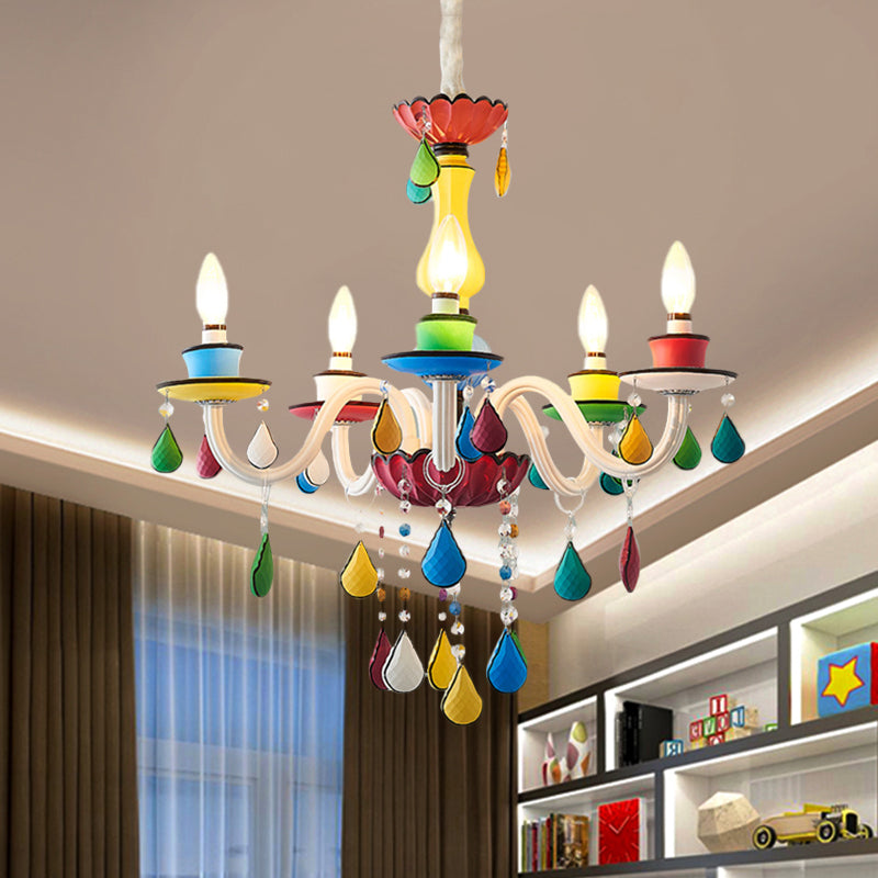 Crystal Candle Pendant Lighting Macaroon 5/6/8 Heads Red-Yellow-Blue-Green Chandelier Light Fixture
