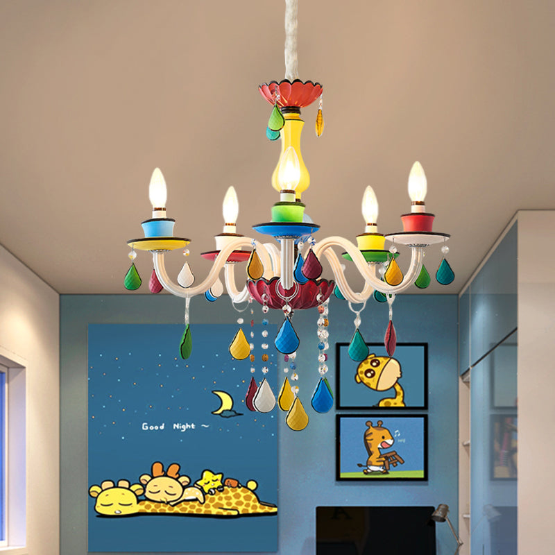 Crystal Candle Pendant Lighting Macaroon 5/6/8 Heads Red-Yellow-Blue-Green Chandelier Light Fixture