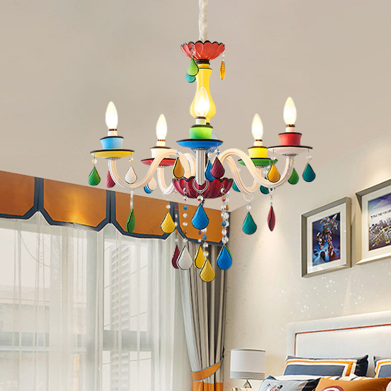 Crystal Candle Pendant Lighting Macaroon 5/6/8 Heads Red-Yellow-Blue-Green Chandelier Light Fixture