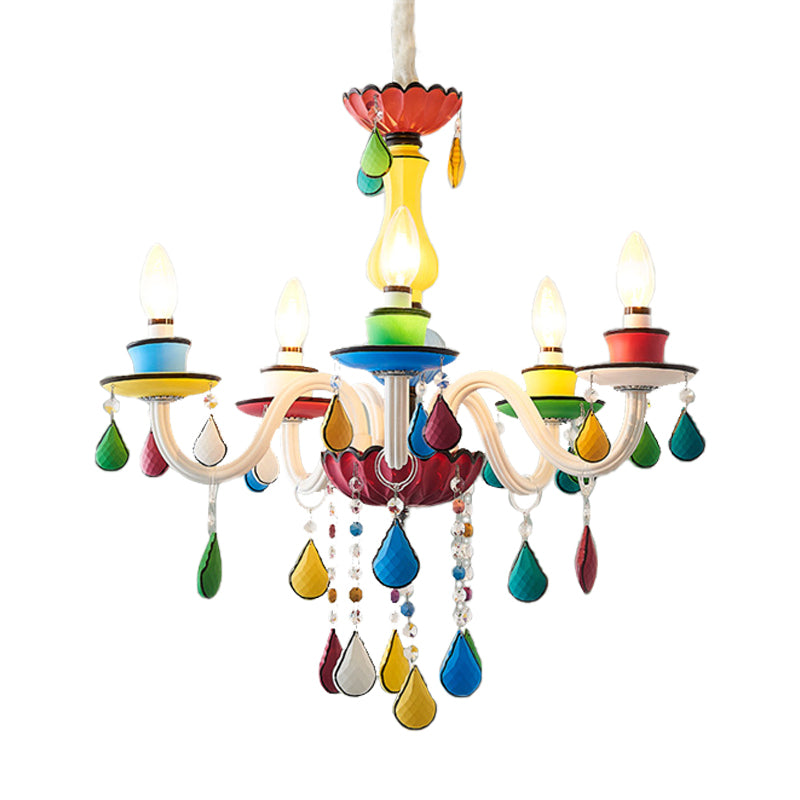 Crystal Candle Pendant Lighting Macaroon 5/6/8 Heads Red-Yellow-Blue-Green Chandelier Light Fixture