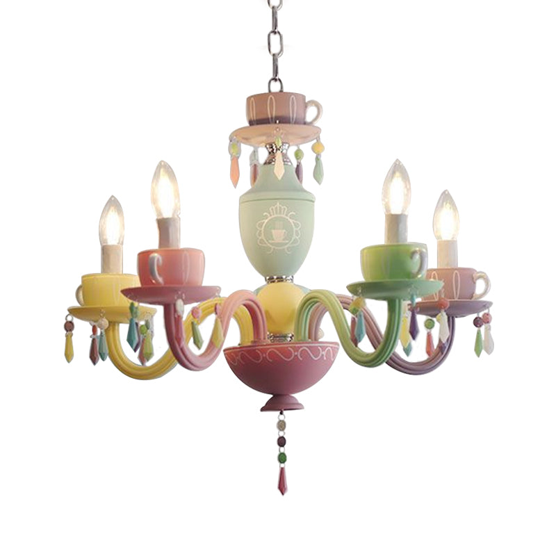 Macaroon Cup Crystal Chandelier 5/6 Lights Pendant Lighting Fixture in Blue-Yellow-Green-Pink