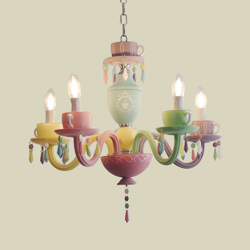 Macaroon Cup Crystal Chandelier 5/6 Lights Pendant Lighting Ayémorrage en bleu-jaune-vert-rose