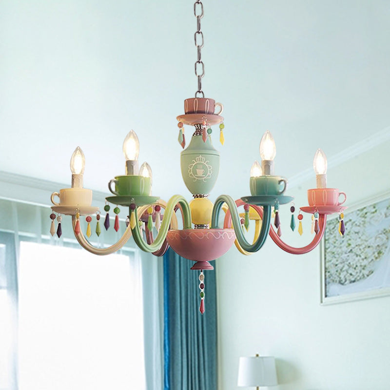 Macaroon Cup Crystal Chandelier 5/6 Lights Pendant Lighting Fixture in Blue-Yellow-Green-Pink