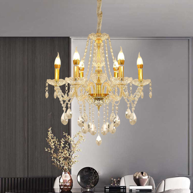 Crystal swag plafond kroonluchter moderne 6 koppen goud afwerking kaarsen hangende lichtkit
