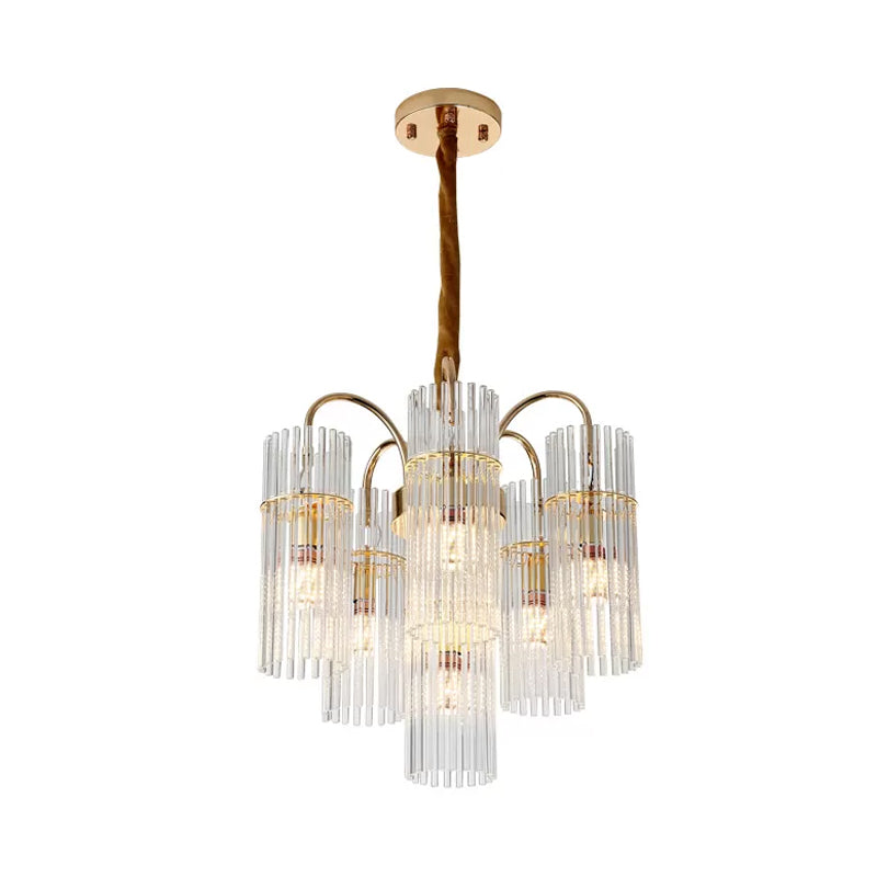 6-head slaapkamer omlaag verlichting modernisme gouden afwerking kroonluchter lamp armatuur met cilinder heldere glazen staaf schaduw