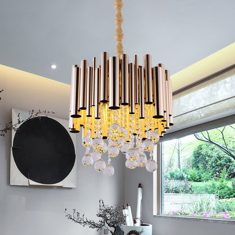 Lampada del lampadario in metallo a tubo sottile modernista 6 luci oro/rosa lampada a pendolo finitura con sfera di cristallo