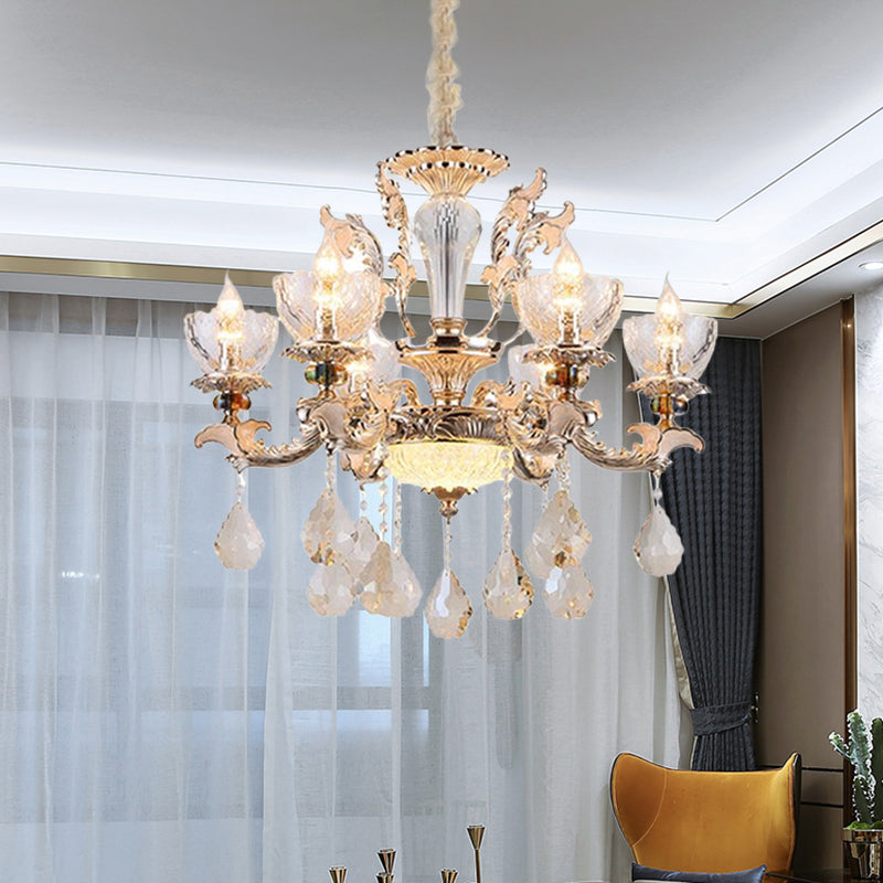 Finition en or forme de bol pendentif Mid Century 6 Bulbes Clean Crystal Glass Chandelier