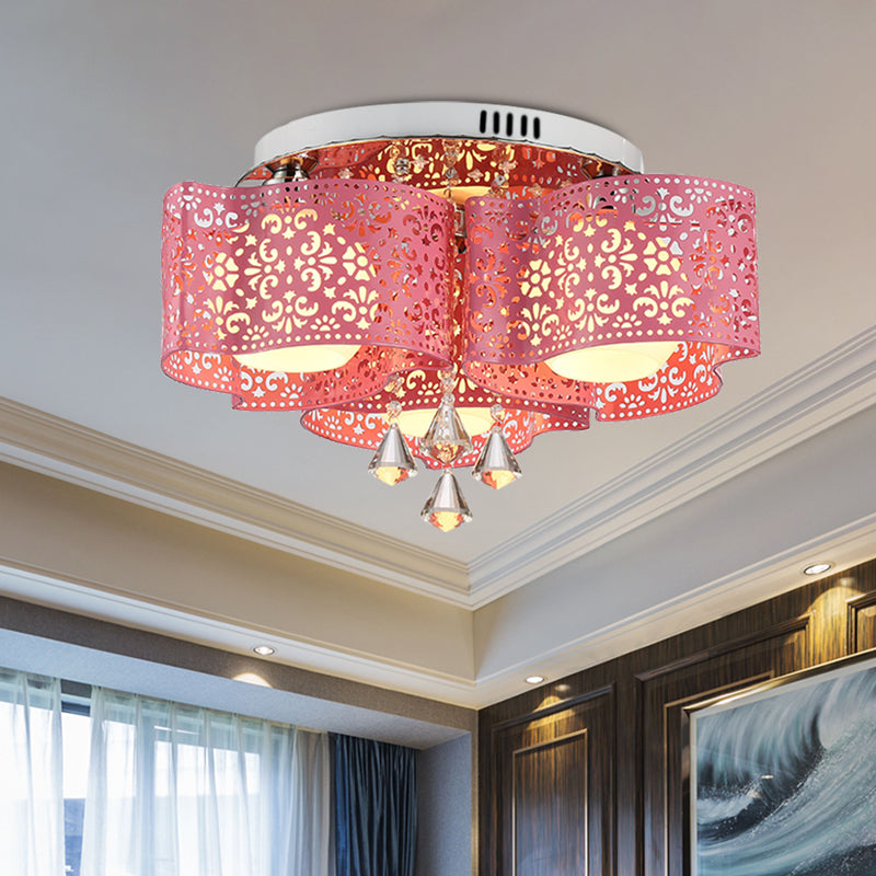 Moderne Einbauleuchte in Windmühlenform aus Metall mit 3/5-flammigem, rosafarbenem Finish und kugelförmigem Milchglasschirm