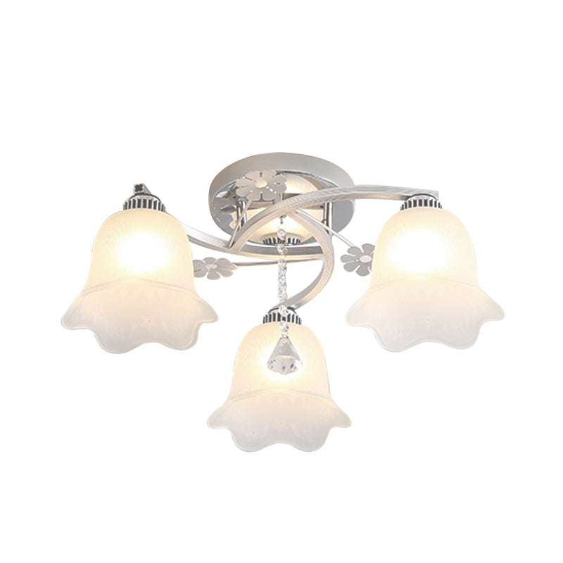 3 Bulbs Bedroom Semi Flush Modernist Chrome Finish Spiral Flush Mount with Lotus Opal Glass Shade