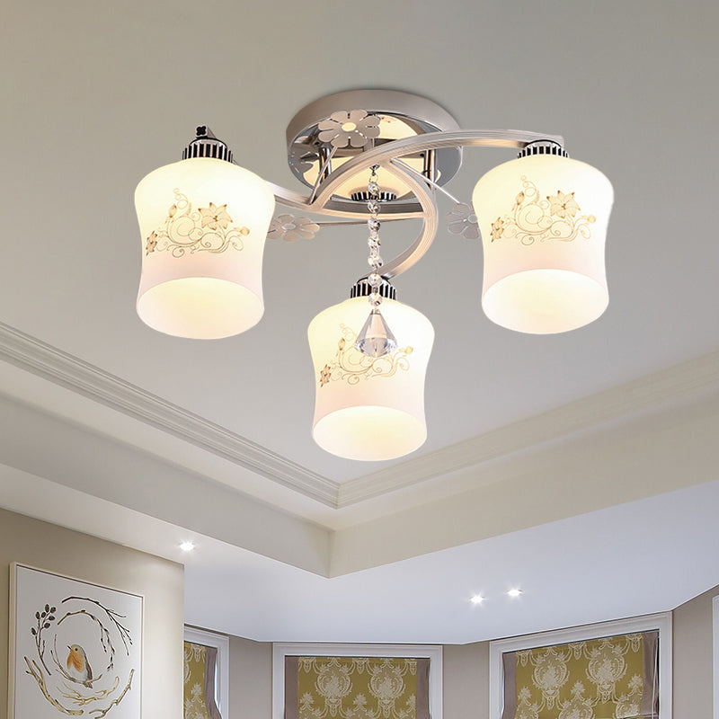 Patterned White Glass Cylinder Semi Flush Light Modernism 3-Head Spiral Close to Ceiling Lamp in Chrome