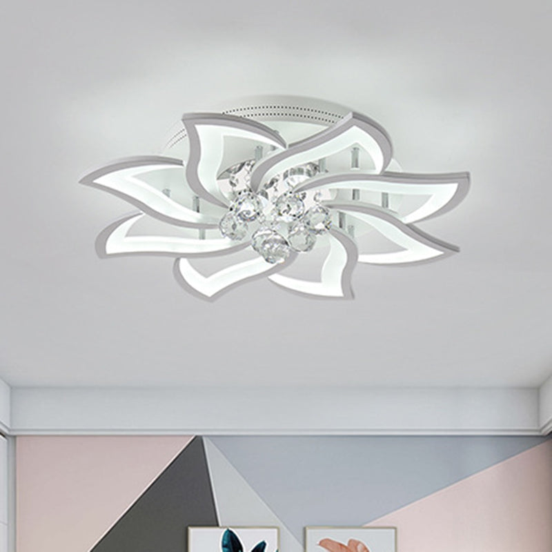 Floral Shaped Bedroom Semi Flush Lamp Acrylic LED Modern Flush Mounted Light with Crystal Orb Deco