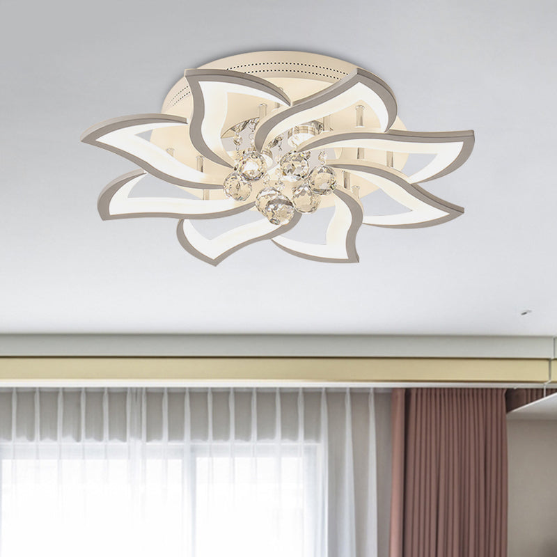 Floral Shaped Bedroom Semi Flush Lamp Acrylic LED Modern Flush Mounted Light with Crystal Orb Deco
