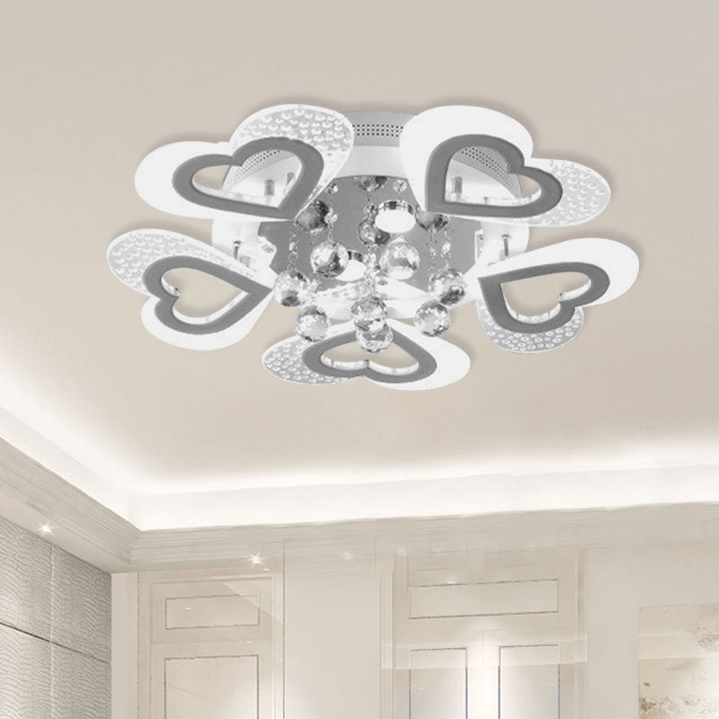 Modern Loving Heart Flush Ceiling Light Acrylic LED Bedroom Semi Flush Lamp Fixture in White with Crystal Ball Decor