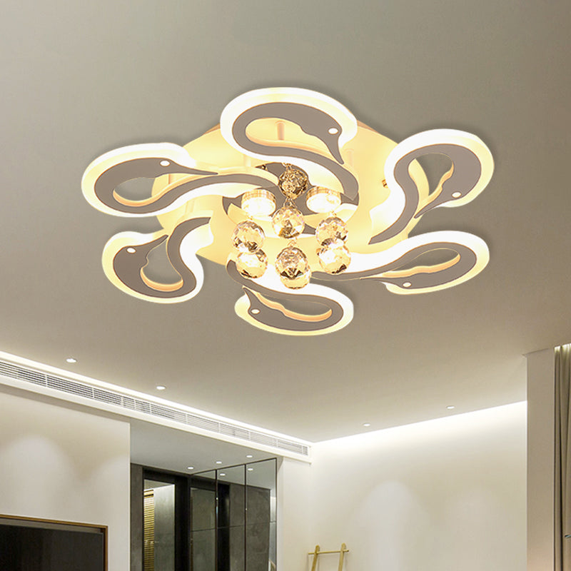 Zwaanvorm Semi Mount Lighting Moderne Acryl 6 koppen witte afwerking LED spoelplafondlamp met kristaldruppel