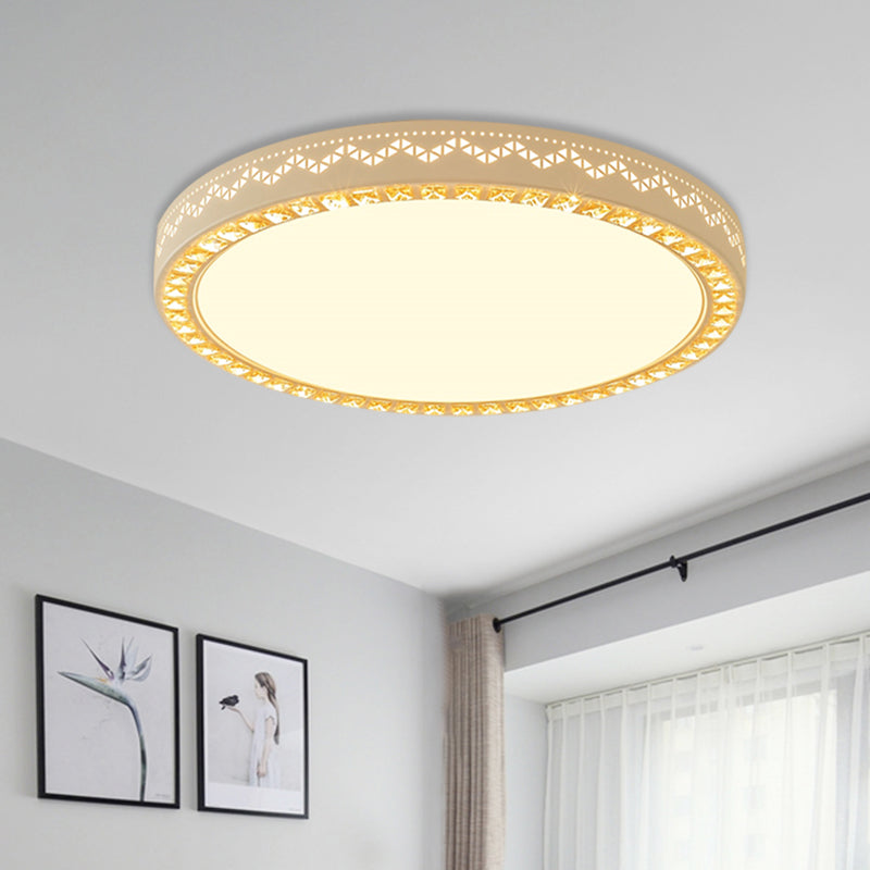 Metal Flat Drum Flush Lighting Simple LED Flush Mounted Lamp Fixture in White with Crystal Accent