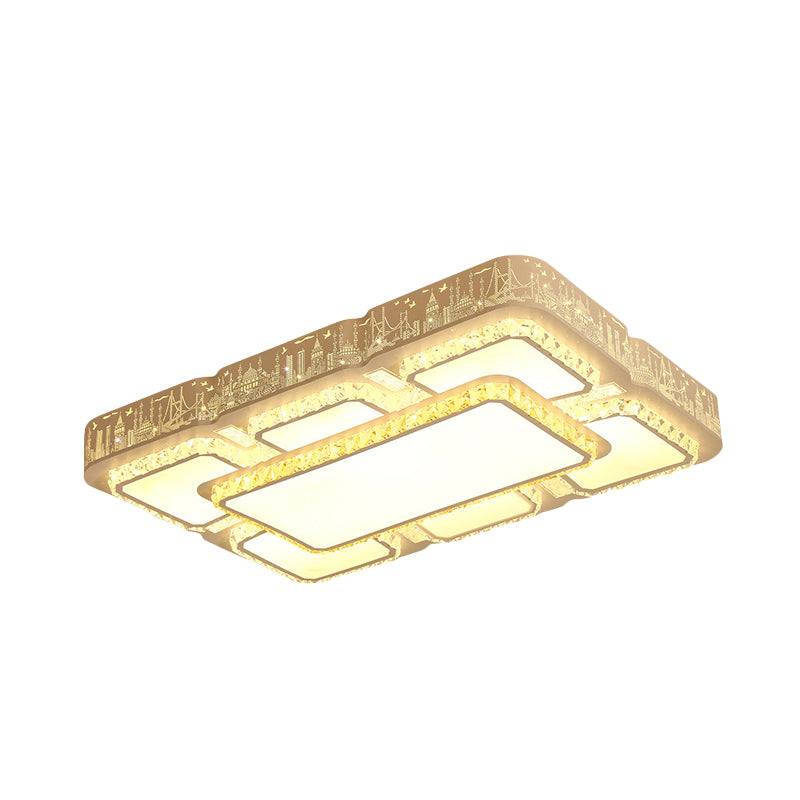 White Rectangular Flush Light Modernist LED Crystal Flush Mounted Lamp with Laser-Cut City Pattern