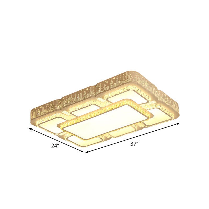 White Rectangular Flush Light Modernist LED Crystal Flush Mounted Lamp with Laser-Cut City Pattern